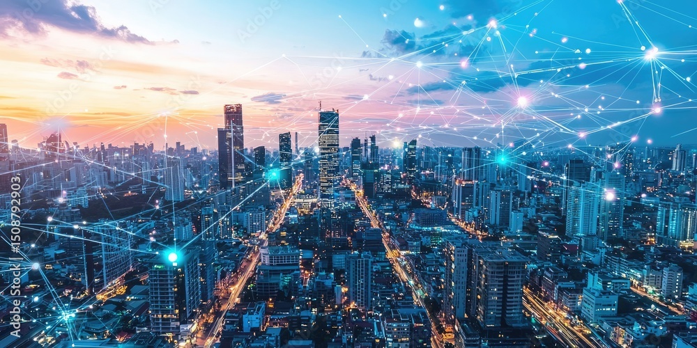 Fototapeta premium Futuristic urban landscape with advanced technology, interconnected systems, and glowing towers beneath a radiant sky.