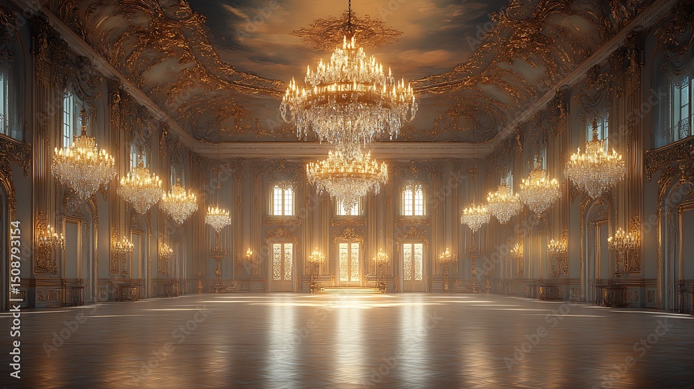 Obraz premium Luxurious Room with Illuminated Chandeliers and Elegant Carpet