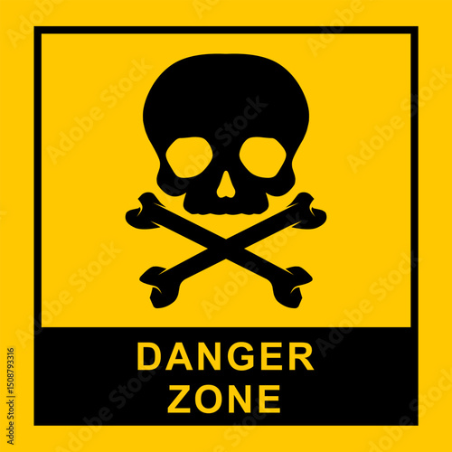 toxic danger area sign, skull and crossbone sign, black frame on yellow background
