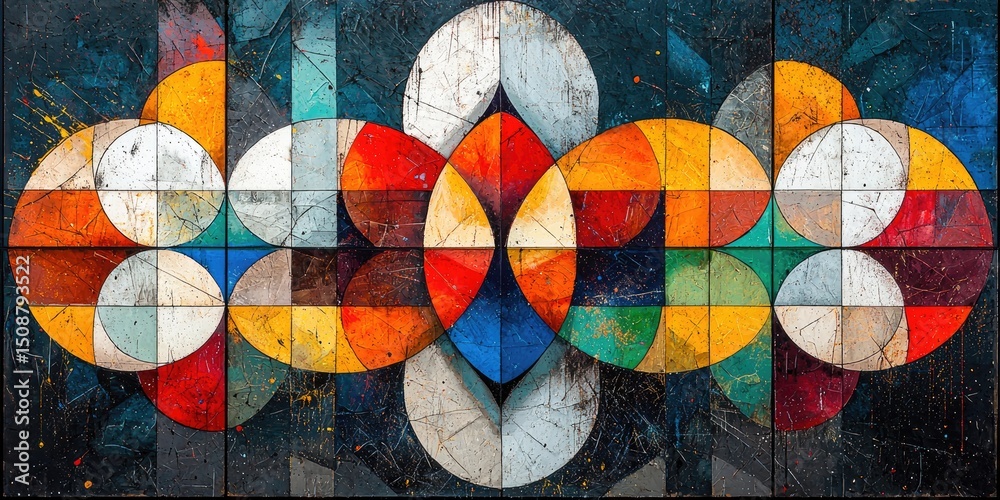 Fototapeta premium An abstract composition that highlights geometric patterns merging and transforming, employing a mix of striking colors and detailed intricacies to craft a visually capti