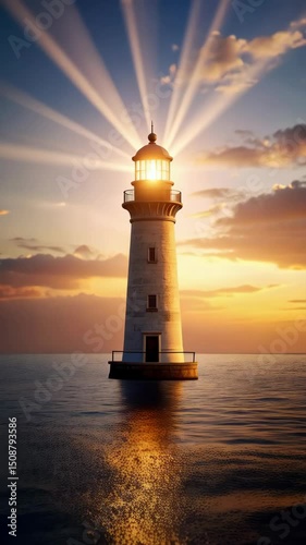 Wallpaper Mural Coastal lighthouse standing in the ocean casting light rays across a golden sky at sunset, reflecting on the water surface. Torontodigital.ca
