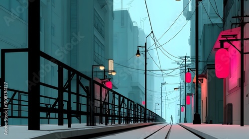 Futuristic urban alley with neon lights and overhead cables