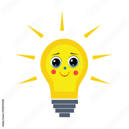 Cute Light Bulb with a Gentle Face on a White Background