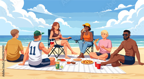 Cartoon Friends Enjoying Picnic by the Seashore – Summer Vacation Scene with Food and Drinks