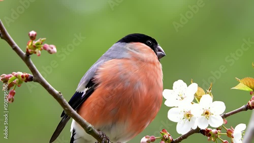 Eurasian Bullfinch Perched on Blossoming Branch
