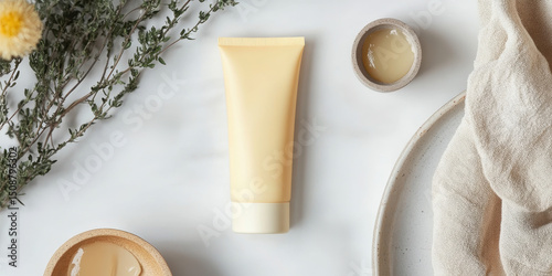 Flat lay cosmetic mockup – cream yellow tube with plant elements and skincare product in ceramic bowl on light background