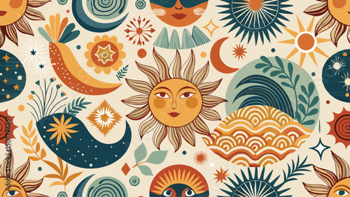Seamless pattern with sun and moon. Contemporary composition. Boho wall decor. Mid century art print. Trendy texture for print, textile, packaging. Bohemian