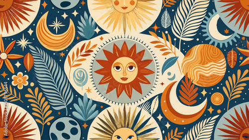 Seamless pattern with sun and moon. Contemporary composition. Boho wall decor. Mid century art print. Trendy texture for print, textile, packaging. Bohemian