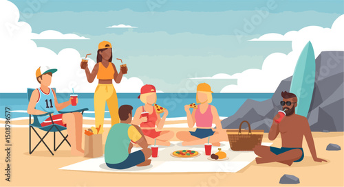 Cartoon Friends Enjoying Picnic by the Seashore – Summer Vacation Scene with Food and Drinks