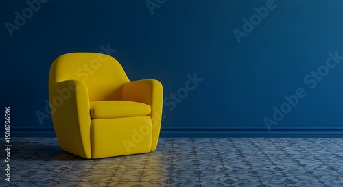 Vivid yellow chair against ultramarine wall with graphic floor tiles, striking composition framed in crisp studio lighting.