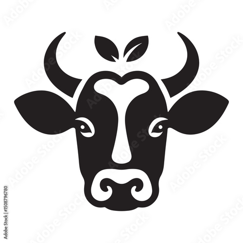 Black and White Cow Silhouette Vector Image with Leaf Decoration
