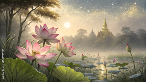 Illustration of colorful lotus flowers, green lotus leaves, morning sunlight, fog covering the marsh area.