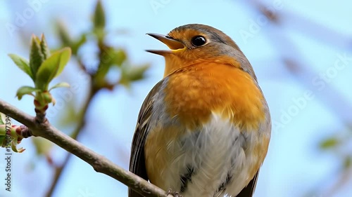 European Robin Singing on a Branch