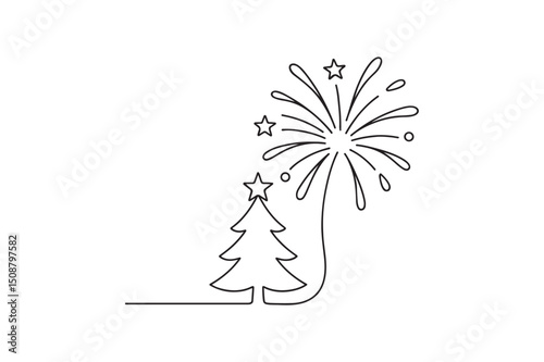 Christmas tree turning into firework continuous one line drawing minimalism design