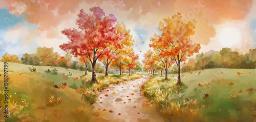 Picturesque fall scene with a dirt path winding through a field bordered by vibrant red and yellow trees, set beneath a partly cloudy sky.