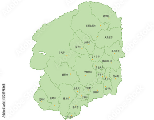 栃木県　地図　黄緑　斑点　イラスト
