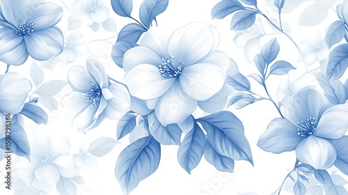 Elegant floral pattern in pastel blue hues, delicate botanical artwork with exquisite flower and leaf details.