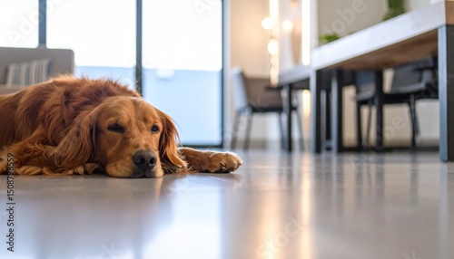  golden retriever dog resting head on window sill, looking outside with calm expression