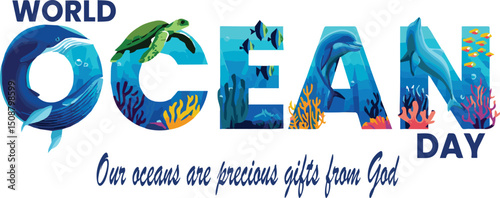 A festive holiday banner illustration featuring a World ocean day concept with decorative alphabet letter icons and web design symbols