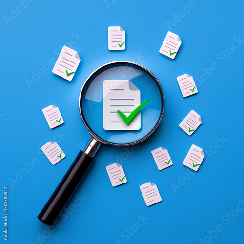 Magnifying Glass Examining Document with Checkmark