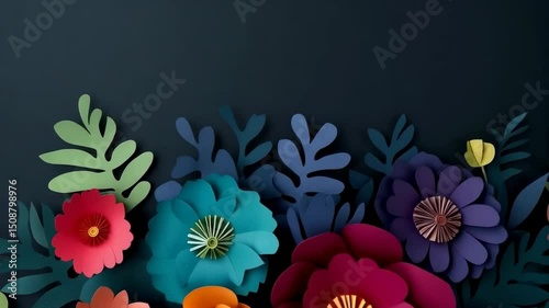 Vivid paper craft flowers and leaves arranged on a dark background, vibrant color palette, dimensional paper art, floral arrangement.