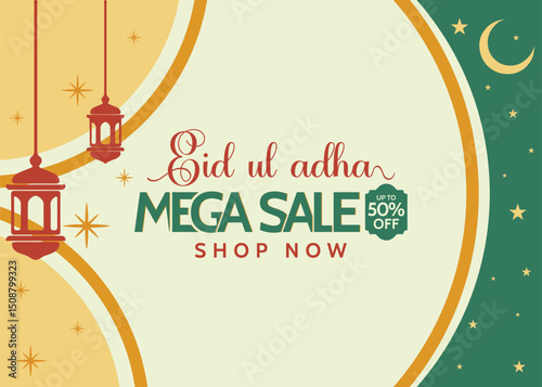 Eid al adha Mubarak Mega Sale Advertising Banner, poster, greeting card  with up to 50 percent off flat style Vector Template Design 