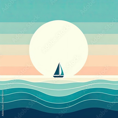 Modern Seaside Art with Sailboat and Sun