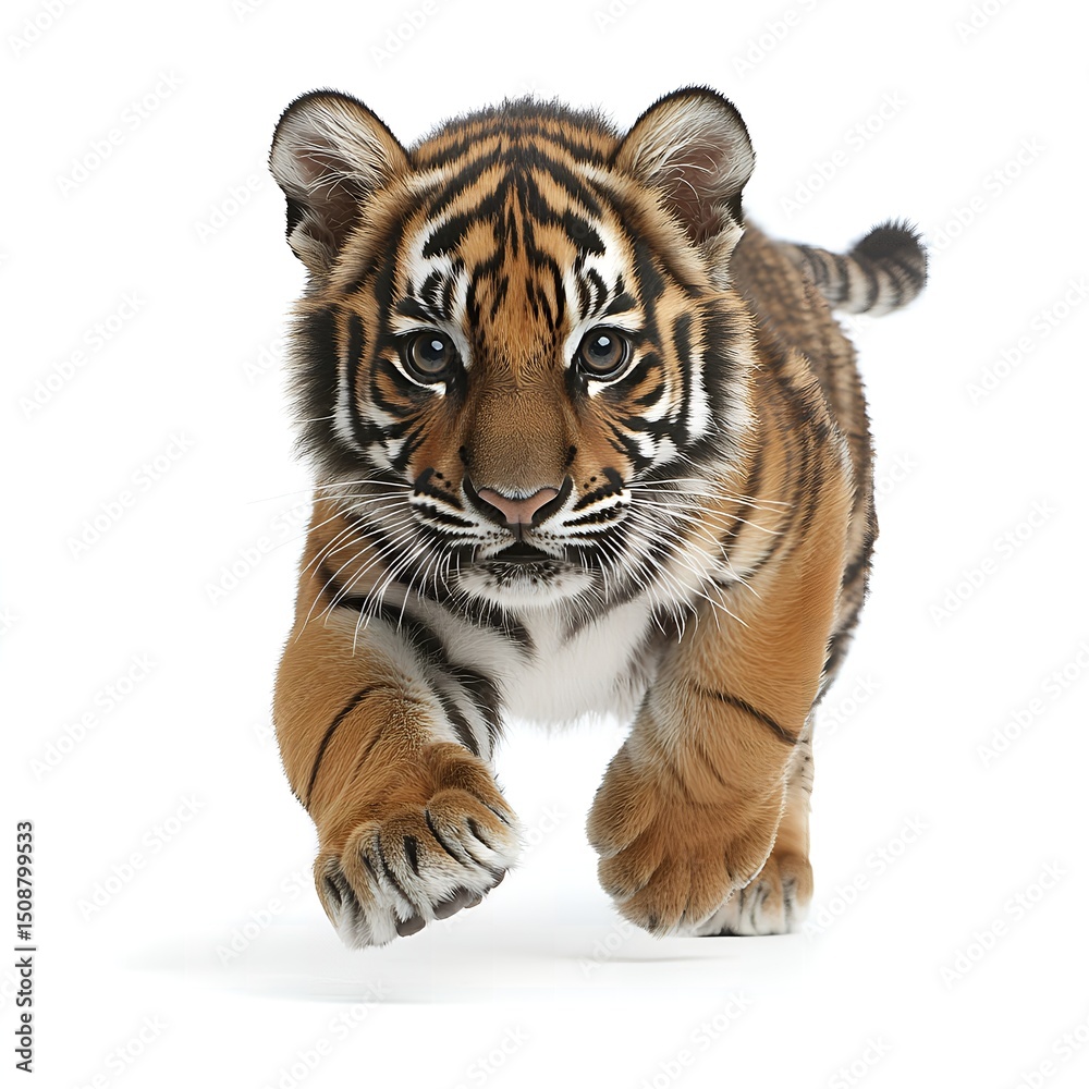 Obraz premium Adorable Baby Sumatran Tiger Cub Running Forward on White Background