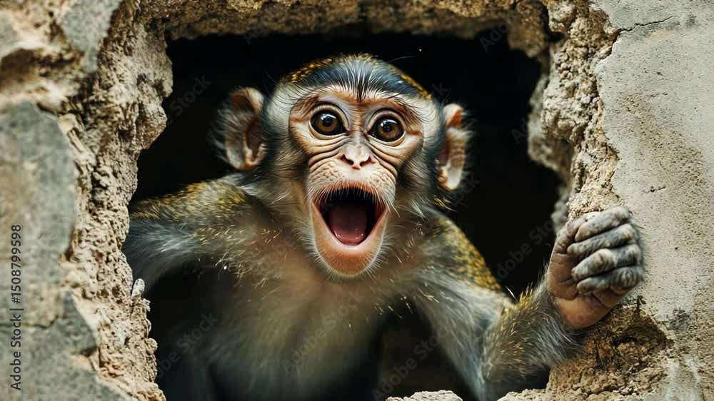 Surprised monkey looking out from a damaged wall with its mouth open in shock, looking directly at the viewer, brown eyes, curious