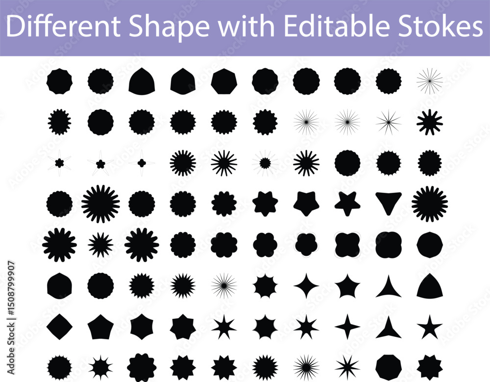 Versatile Collection, Abstract Black Shapes Collection with Editable Outlines,Modern Black Shape Icons & Elements Set: Stars, Polygons, Bursts. UI & Graphic Design Assets. AI Generative
