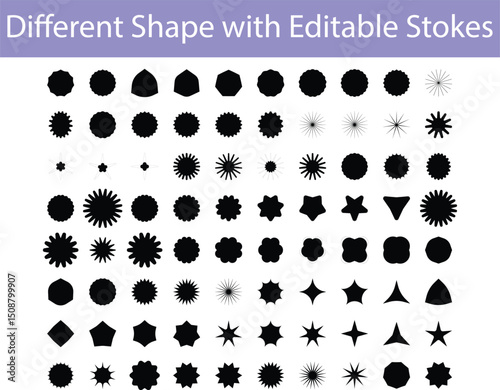 Versatile Collection, Abstract Black Shapes Collection with Editable Outlines,Modern Black Shape Icons & Elements Set: Stars, Polygons, Bursts. UI & Graphic Design Assets. AI Generative
