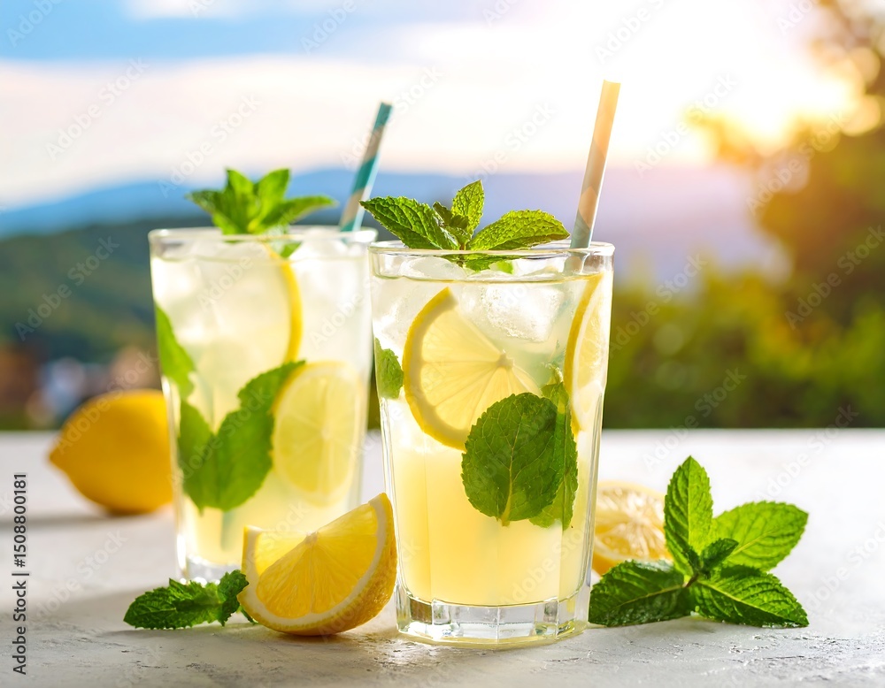 Fototapeta premium Two refreshing lemonade drinks with ice, lemon slices, and mint garnishes, outdoors in sunlight