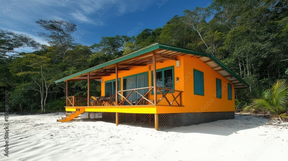 Obraz premium Vibrant orange beach hut on white sand