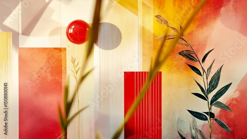 Abstract composition featuring geometric shapes, botanical elements, and vibrant red, orange, and yellow colors creating a modern aesthetic.