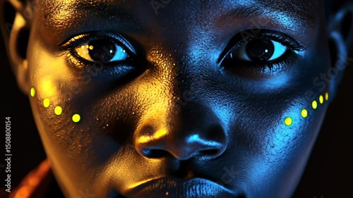 Close-up of face with dots on cheeks in yellow and blue light, looking directly at camera, face paint, beauty portrait