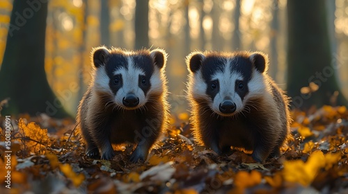 Realistic portrayal of Eurasian badgers in a misty morning scene within a natural coppice forest in Kent, England, emphasizing refined behavior and habitat complexity.