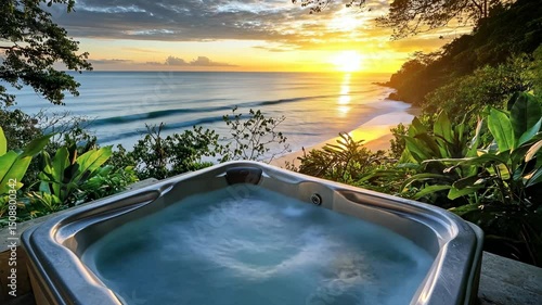 Hot tub overlooks tropical beach at sunset with golden light reflecting on ocean waves and foliage in foreground