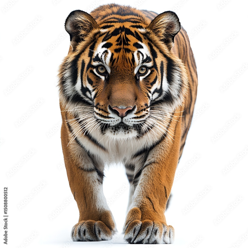 Obraz premium Majestic Sumatran Tiger Walking Towards Camera on White Background Wildlife