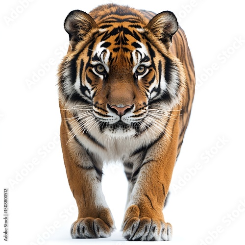 Majestic Sumatran Tiger Walking Towards Camera on White Background Wildlife