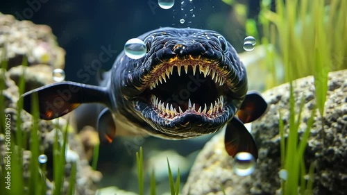 Predatory fish swims in water with mouth open, displaying sharp teeth near underwater foliage in aquarium habitat.