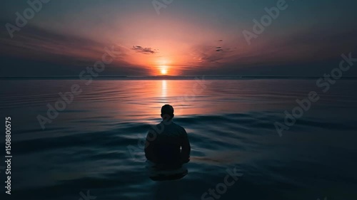 Person sits in ocean water facing vibrant sunset with red and orange tones and calm waves at dusk