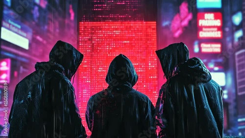 Three hooded figures standing in the rain observe a brightly lit cyberpunk cityscape with digital displays and neon signs at night