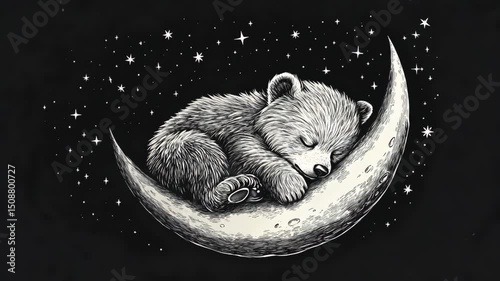 Monochrome illustration of a bear cub sleeping peacefully on a crescent moon amidst a starlit night sky background