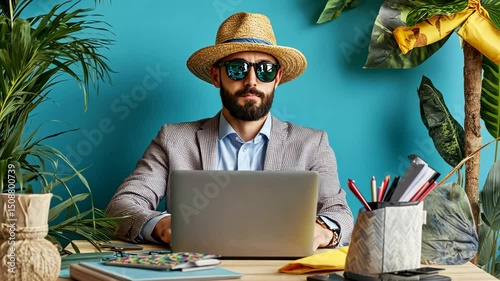 Fashionable person with beard and sunglasses working on a laptop amidst lush tropical plants in home office environment