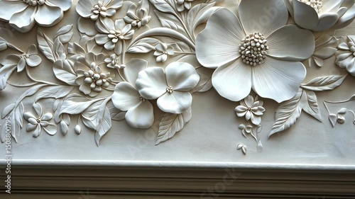 Elegant plasterwork featuring a variety of white floral reliefs, showcasing detailed petals and leaves on a textured surface
