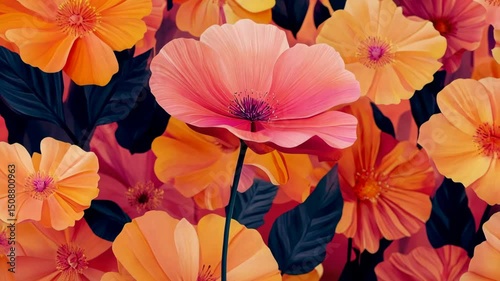 Vibrant floral pattern of pink and orange flowers with dark green leaves forming a dense artistic background for diverse projects