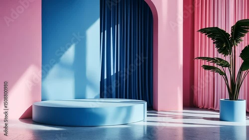 Minimalist stage for showcasing product presentation against pink walls, blue curtains in arched alcove, modern design with plant