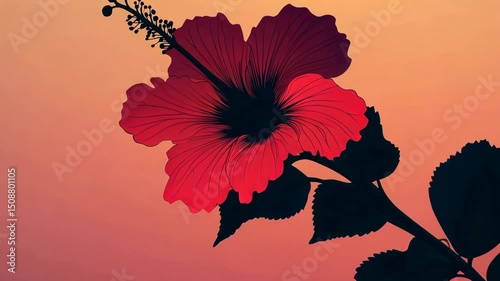 Artistic rendition of a vibrant red hibiscus flower silhouette against a warm gradient orange and pink background, botanical illustration