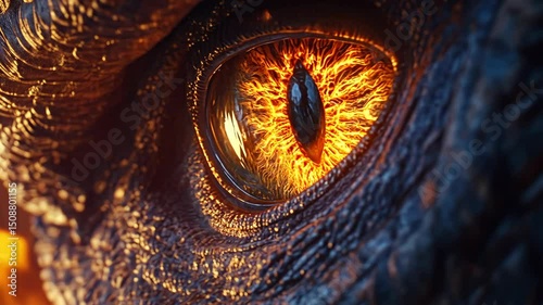 Detailed macro image showcasing the fiery orange eye and scaled skin of a mythological dragon or creature.