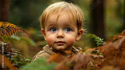 Charming young child with blond hair peering out from amongst the ferns and leaves in a woodland setting with soft focus background.